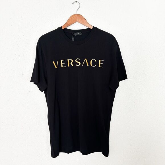Versace Authentic Black and Gold Embroidered T Shirt Cotton New with Tags - Picture 1 of 10